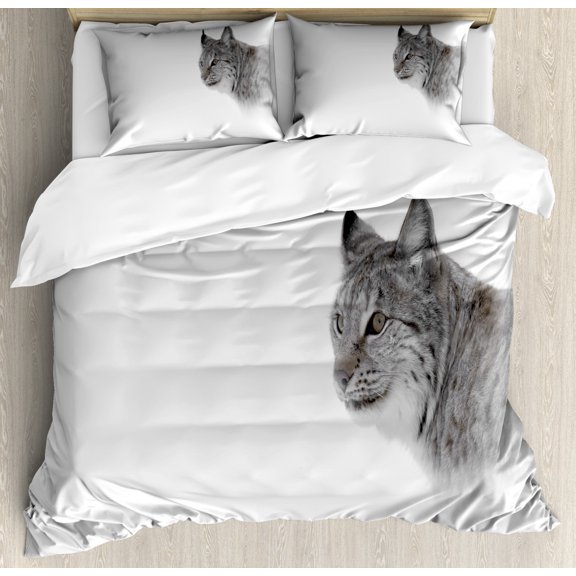 Hunting Duvet Cover Set Queen Size, Lynx in the Central Norway Wild Cat North Cold Snowy Mountain Carnivore Predator, Decorative 3 Piece Bedding Set with 2 Pillow Shams, Grey White, by Ambesonne