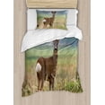 thumbnail image 1 of Hunting Duvet Cover Set, Roe Deer Male Capreolus Western European Wildlife Fauna Flora Meadow Field Grass, Decorative 2 Piece Bedding Set with 1 Pillow Shams, Twin Size, Multicolor, by Ambesonne, 1 of 3