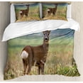 thumbnail image 1 of Hunting Duvet Cover Set, Roe Deer Male Capreolus Western European Wildlife Fauna Flora Meadow Field Grass, Decorative 3 Piece Bedding Set with 2 Pillow Shams, King Size, Multicolor, by Ambesonne, 1 of 3