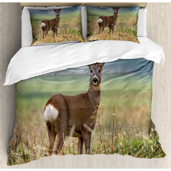 Hunting Duvet Cover Set, Roe Deer Male Capreolus Western European Wildlife Fauna Flora Meadow Field Grass, Decorative 3 Piece Bedding Set with 2 Pillow Shams, King Size, Multicolor, by Ambesonne