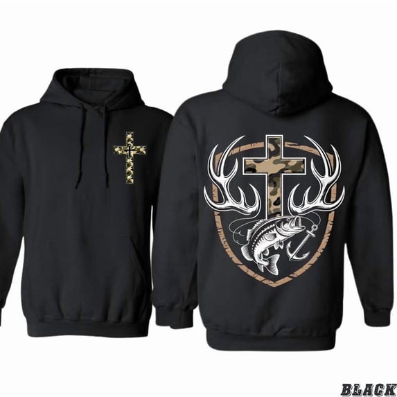 Hunting Faith Hoodie, Camo Cross with Antlers and Fish Graphic, Outdoor Christian Pullover for Hunters, Soft Cotton Blend, Made in USA