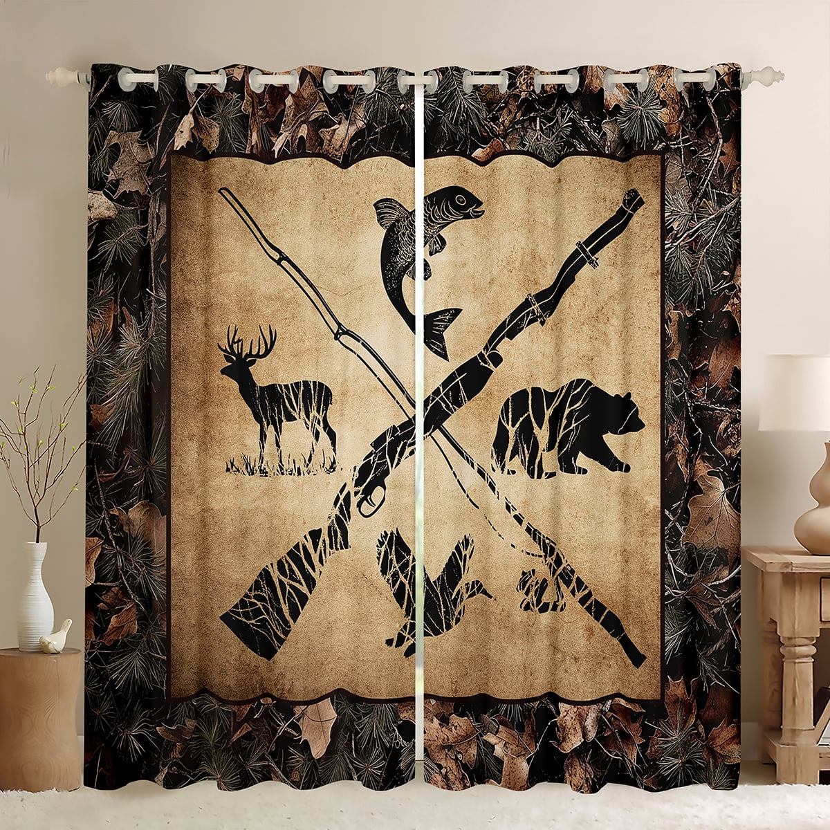 Hunting And Fishing 30%-50% Blackout Curtains 38"Wx45"L Tree Branches Camo Window Curtains For Bedroom,Woodland Wildlife Bass Fish Duck Bear Deer Rustic Farmhouse Cabin Curtains 2 Panels