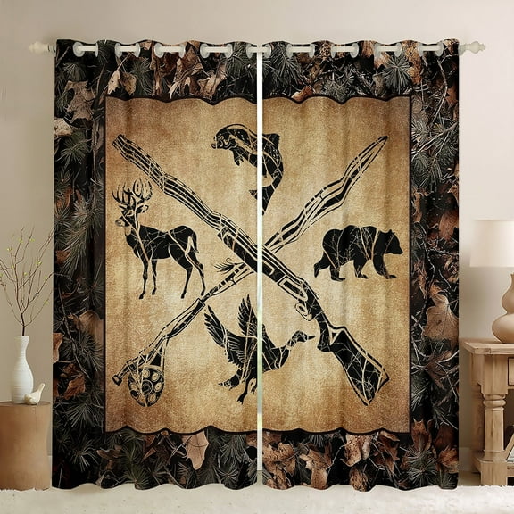 Hunting And Fishing 30%-50% Blackout Curtains 38"Wx45"L Tree Branches Camo Window Curtains For Bedroom,Woodland Wildlife Bass Fish Duck Bear Deer Rustic Farmhouse Cabin Curtains 2 Panels