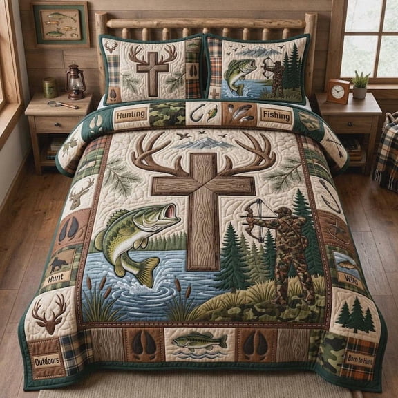 Hunting Fishing Bedspread, Rustic Cabin Bedding, Woodland Bedroom Decor, Christian Hunter Gift, Lodge Home Accent