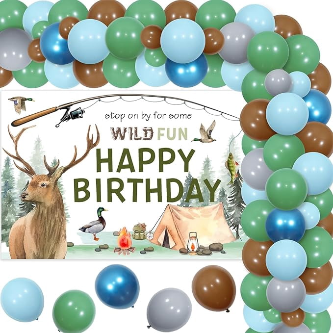 Hunting Fishing Birthday Decorations Boy, Fishing Theme Birthday Party Decorations, Green Blue Brown Balloon Arch with Wild Backdrop Deer Fish Outdoor Adventure Camping Background