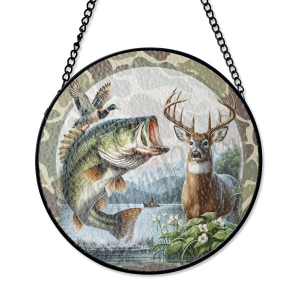 Hunting Fishing Camo Design Stained Glass Suncatcher UV Printed Glass, Outdoorsman Hobby Gift, Round