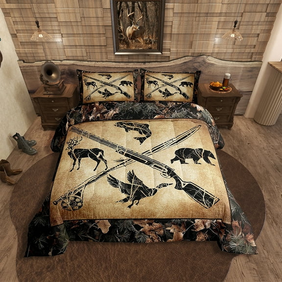 Hunting And Fishing Comforter Set Queen Tree Branch Camo Bedding Set Teen Men,Woodland Wildlife Bass Fish Duck Bear Deer Bed Comforter Set Rustic Farmhouse Cabin Quilt Set