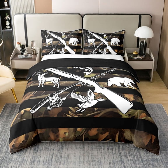 Hunting And Fishing Duvet Cover Wildlife Fish Duck Deer Bear Full Bedding Sets For Boys Men,Camo American Flag Comforter Cover Rustic Trees Leaves Camouflage Bed Set With 2 Pillow Cases