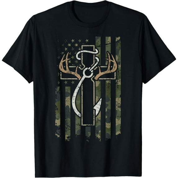 Hunting Fishing Faith Christian Hunter Fisherman Camo USA Softstyle Unisex T-Shirt,Black Color,Size 2XL