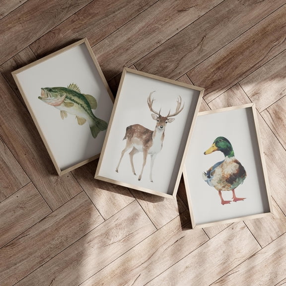 Hunting Fishing Mallard Duck Fish Deer Outdoor Theme Nursery Set 3 Unframed Paper Print