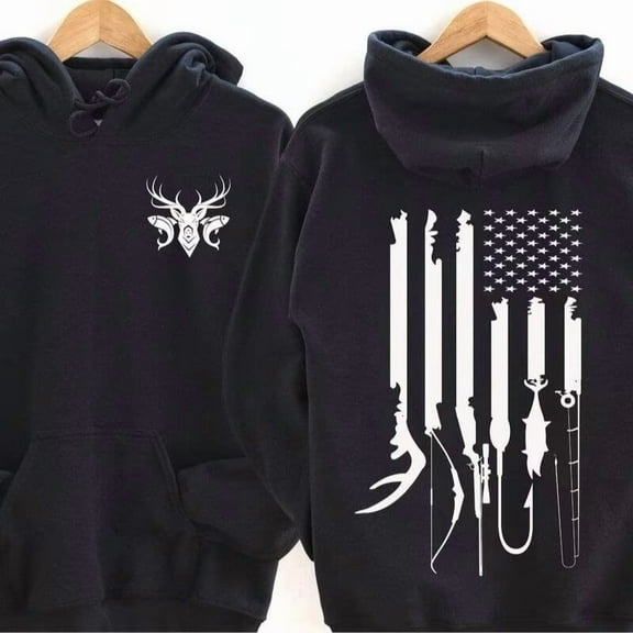Hunting Fishing Print Hoodie Black Graphic Sweatshirt S-2XL Outdoor Sports Tops