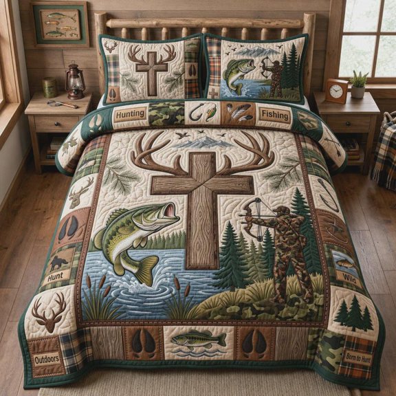 Hunting Fishing 3-Piece Quilted Bedding Set, Rustic Cabin Bedding