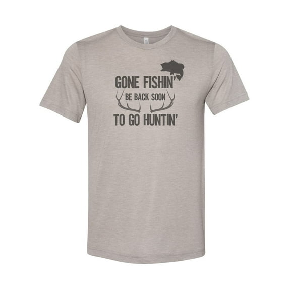 "Hunting And Fishing Shirt, Gone Fishin' Be Back To Soon To Go Huntin', Sublimation Tee, Fishing Shirt, Hunting Shirt, Dad Tee, Father's Day, Heather Stone, LARGE"