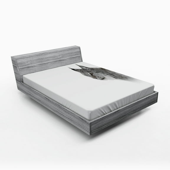 Hunting Fitted Sheet, Lynx in the Central Norway Wild Cat North Cold Snowy Mountain Carnivore Predator, Soft Decorative Fabric Bedding, Full Size, Grey White, by Ambesonne