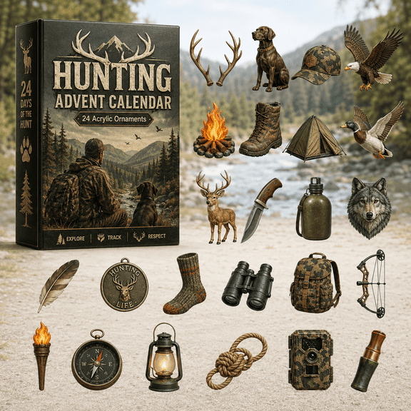 Hunting Gear Advent Calendar 2026 - 24-Day Festive Countdown, Acrylic Charms Blind Box - Gift For Hunting Lovers, Christmas Ornaments, Outdoor Hobby Ornaments