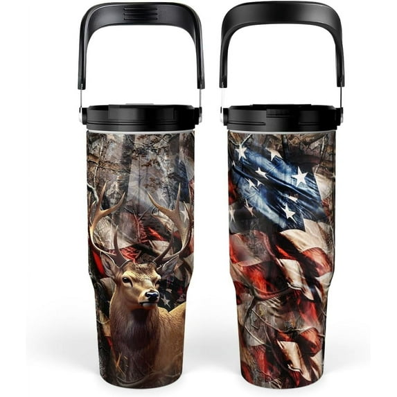 Hunting Gift for Men, Deer Hunting Tumbler with Handle, 30oz Flip Straw Stainless Steel Insulated Coffee Travel Cup, Gifts for Hunter Dad Grandpa for Birthday Christmas Fathers Day
