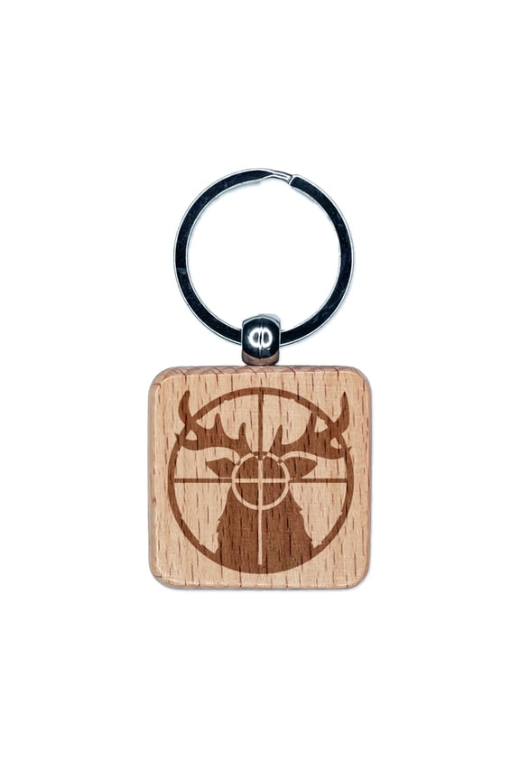 Hunting Hunter Deer in Crosshair Square Keychain Charm Tag - Engraved Wood