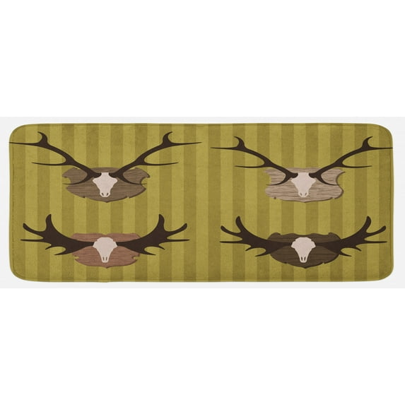 Hunting Kitchen Mat, Deer and Moose Horns Trophy on Striped Background Mountain Cottage Print, Plush Decorative Kitchen Mat with Non Slip Backing, 47" X 19", Khaki Multicolor, by Ambesonne