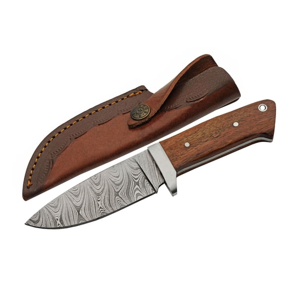 SANZ 8 Inch Classic Drop Point Hunter Knife Damascus Blade Full Tang Wood Handle Leather Sheath Outdoor Hunting Survival Fixed Blade Knife