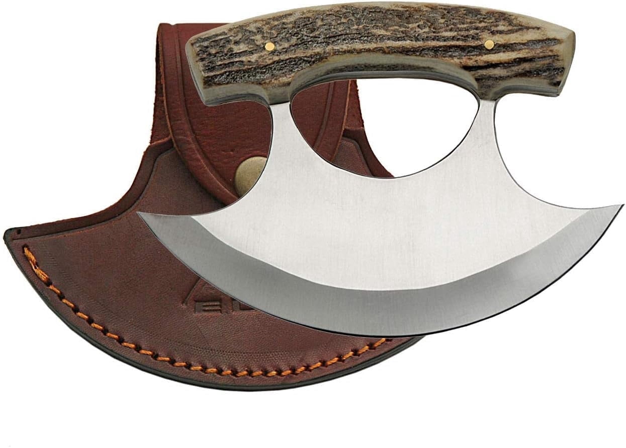 SZCO 5.5" Ulu Knife with Stag Handle and Stainless Steel Blade, Includes Leather Sheath Multi-Purpose Outdoor & Kitchen Tool