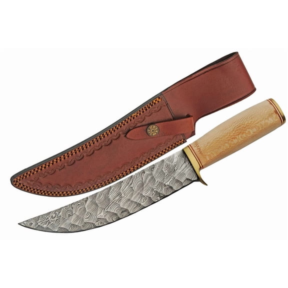 SANZ 12.5" Damascus Steel Fixed Blade Outdoor Utility Knife with Wood Handle and Sheath