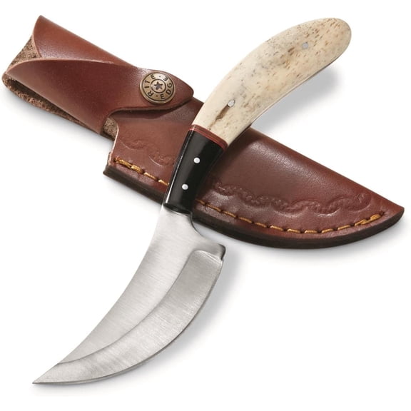 SZCO Supplies 8" Full-Tang Bone and Horn Handle Fixed Blade Outdoor Utility Knife with Leather Sheath White/Black