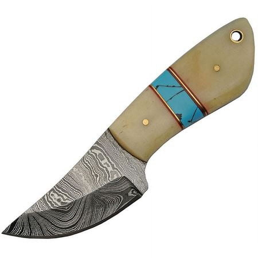 Hunting Knife | Damascus Blade White Bone/Turqoise Full Tang Skinner + Sheath