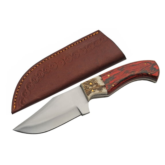 SZCO 9" Stag Bolster Redtail Skinner Utility Knife with Stainless Steel Blade, Wood Handle, Leather Sheath