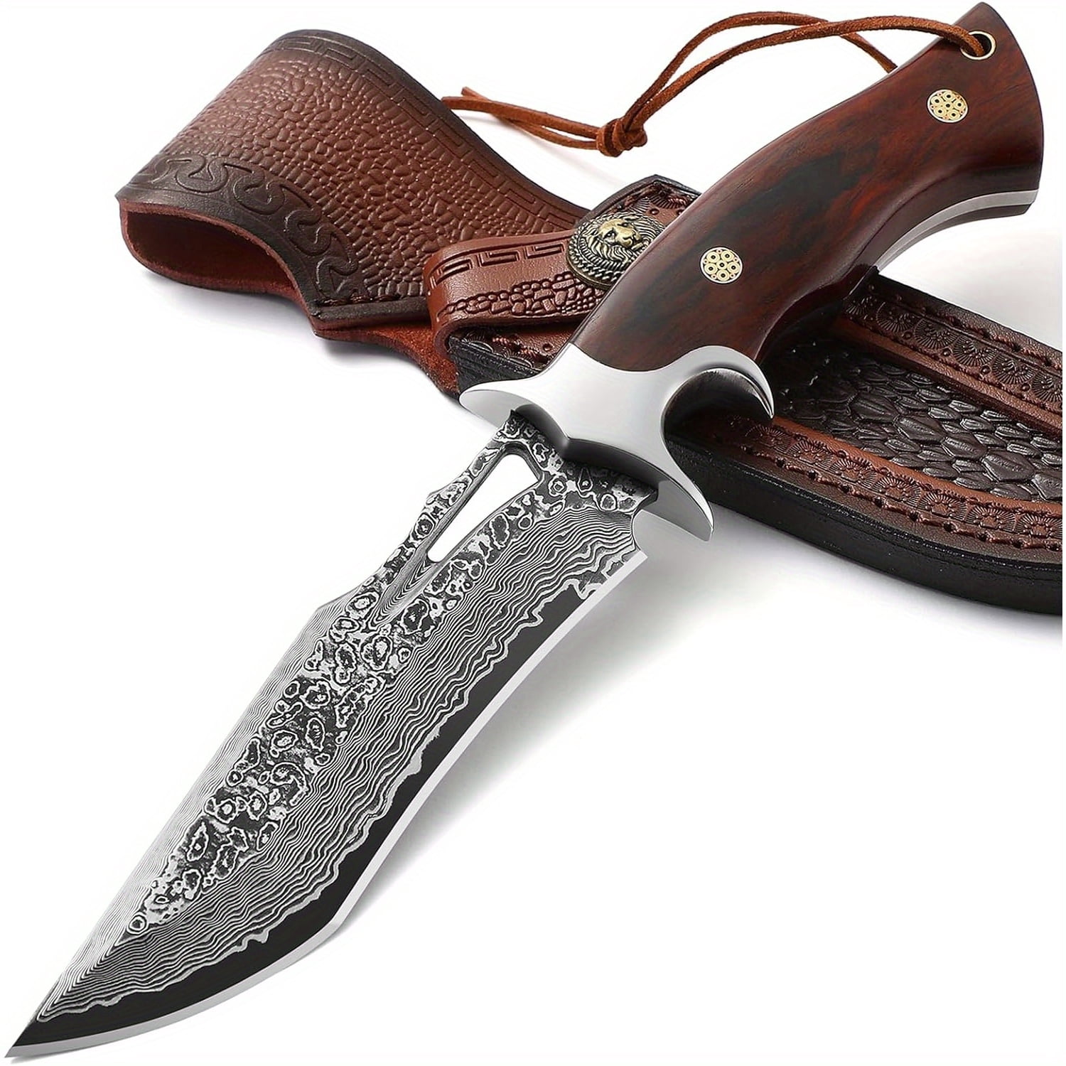 Hunting Knife with Damascus Steel Blade, Full Tang Fixed Blade with Leather Sheath