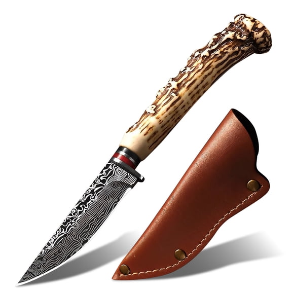 Hunting Knife with Leather Sheath - Ideal for Chopping, Camping Outdoor - Fixed Blade Bushcraft Knife - Gift for Men