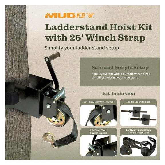 Hunting Ladderstand Tree Stand Installation Hoist Kit with 25 Foot Heavy Duty Winch Strap, Solid Steel Winch, and Pully System