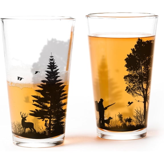 Hunting Landscape Pint Glass Set Set of 2 16oz Beer Glasses with Hunter and Dog Design | Durable Dishwasher-Safe Outdoor Barware for Cabin and Nature Lovers