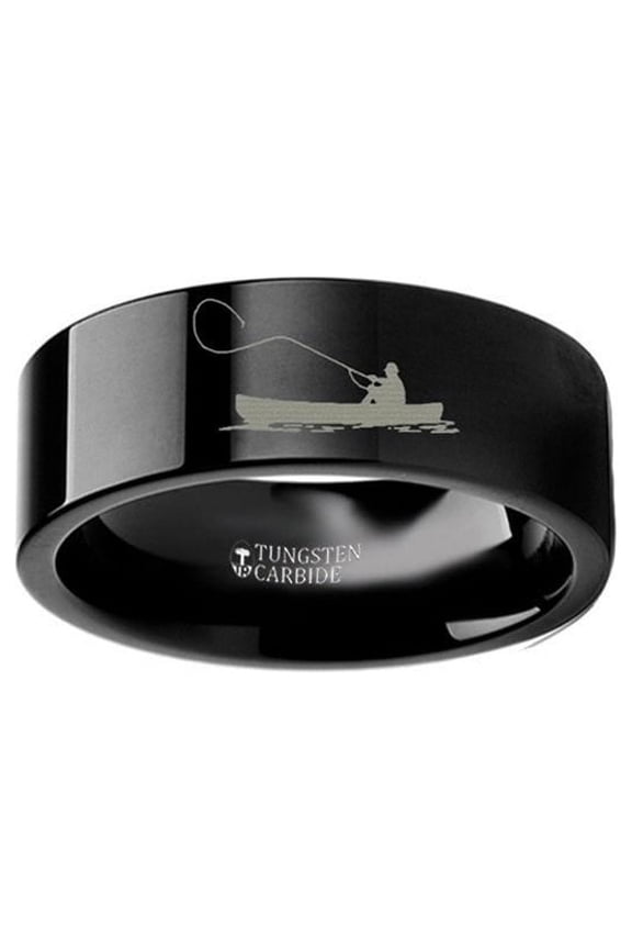 Hunting Landscape Scene Fishing Boat Fishermen Fish Ring Engraved Flat Black Tungsten Ring - 6mm - Size 9.5