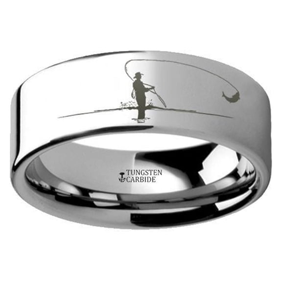 Hunting Landscape Scene Fly Fishing Fishermen Fish Ring Engraved Flat Tungsten Ring - 6mm - Size 9