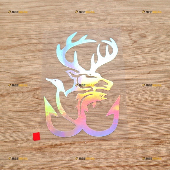 Hunting Life Deer Duck Fish Fishing Hooks Hunter Sticker Decal Vinyl - Holographic Iridescent 6 Inches - No Background Die Cut for Car Boat Laptop Cup