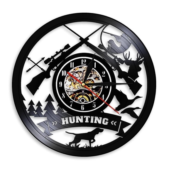 Hunting Logo Rifle Gun Sign Wall Clock Animal Hunting Adventure Vinyl Record Wall Clock Wilderness Tribal Wall Decor Hunter Gift Without LED
