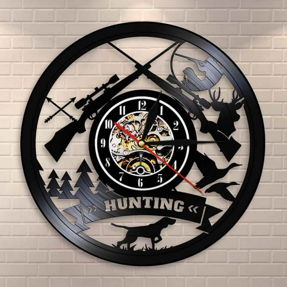 Hunting Logo Rifle Gun Sign Wall Clock Animal Hunting Adventure Vinyl Record Wall Clock Wilderness Tribal Wall Decor Hunter Gift