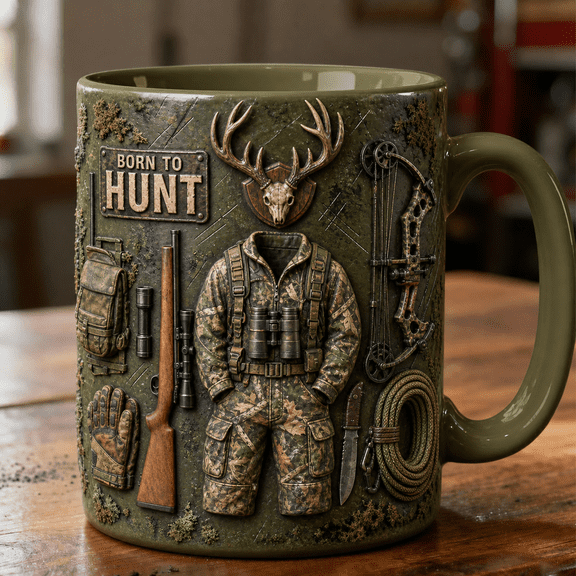 Hunting Mug 3D Effect Camouflage Pattern Deer Antlers Rifle Gift for Hunters