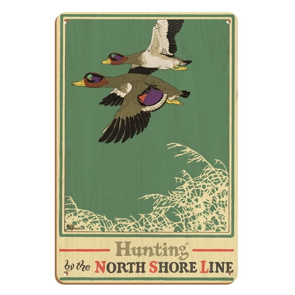 Hunting by the North Shore Line - Mallard Ducks - Chicago North Shore and Milwaukee Railroad - Vintage Travel Poster by Oscar Rabe Hanson c.1923 - 8 x 12 inch Vintage Wood Art Sign