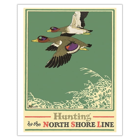 Hunting by the North Shore Line - Mallard Ducks - Chicago North Shore and Milwaukee Railroad - Vintage Travel Poster by Oscar Rabe Hanson c.1923 - Fine Art Matte Paper Print (Unframed) 16x20in