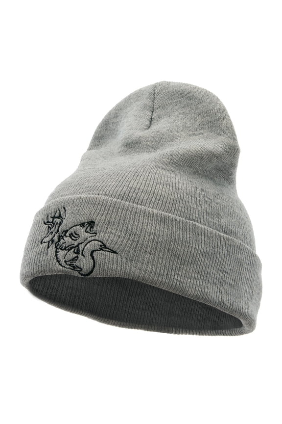 Hunting Party Embroidered 12 Inch Long Knitted Beanie - Heather Grey OSFM