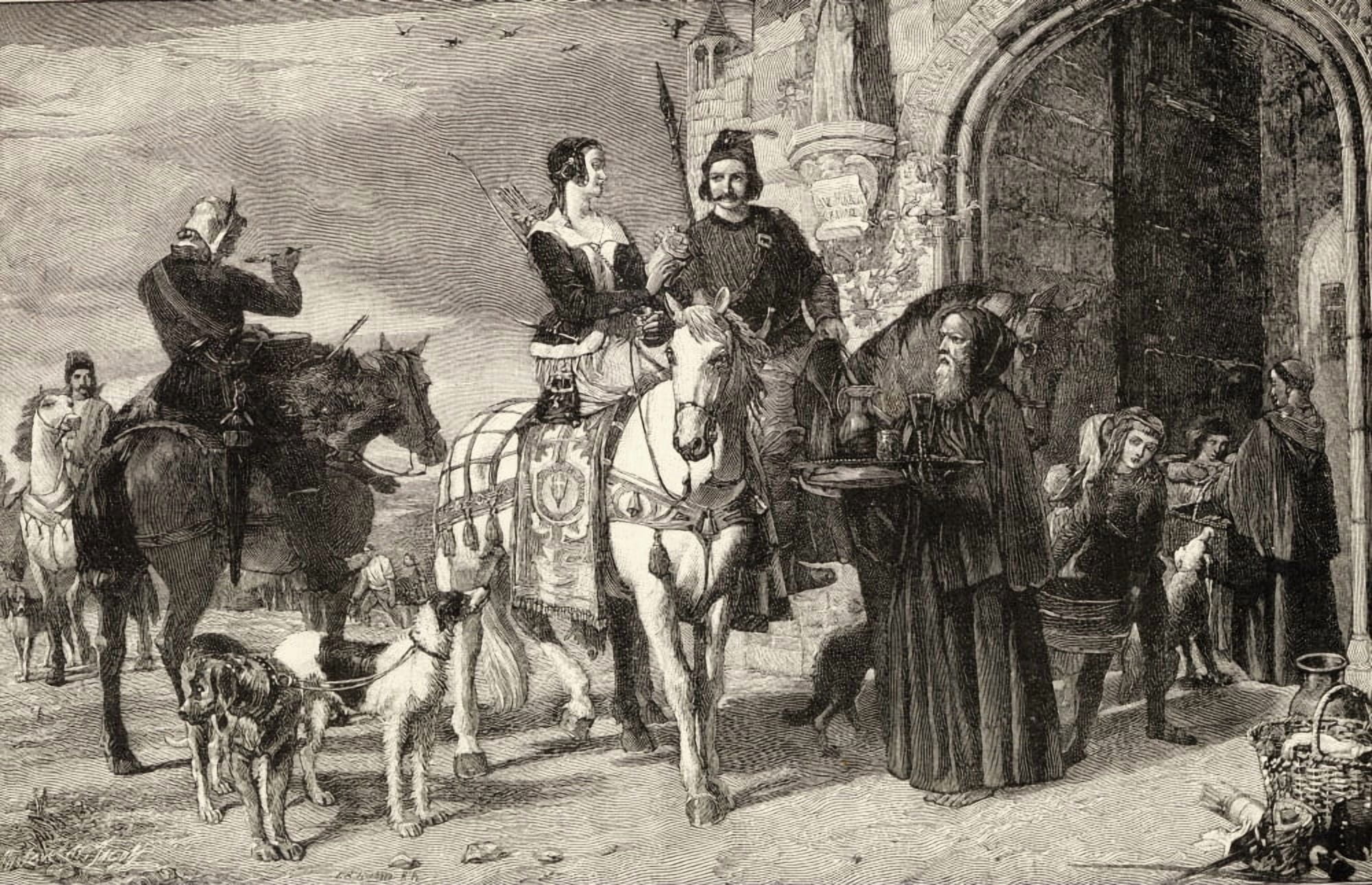 Hunting Party Refreshing Scene At The Gate Of A Monastery From The Picture By JR Herbert Canvas Art - Ken Welsh Design Pics (38 x 24)