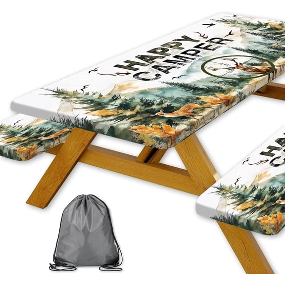 Hunting Picnic Table Cover with Bench Covers, Camping Essentials, Forest Deer Mountain Windproof Tablecloths, Fitted Tablecloth Cover with Elastic Edge, for Outdoor, 3 PCS, 30x72 Inch