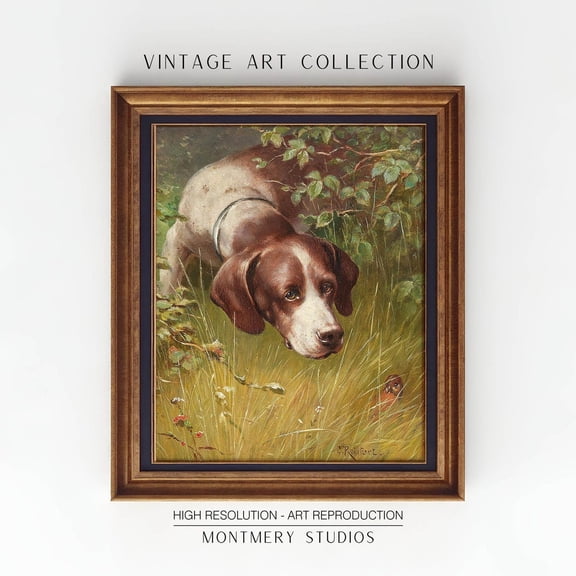 Hunting Pointer Dog Wall Art Pointing Prints English Nursery Portrait by Carl Reichert Cabin Lodge Decor AN52, Unframed Paper Print
