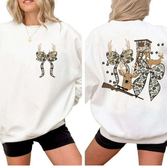 Hunting Season Double Sided Sweatshirt – Coquette Camo Deer & Bow Graphic Fall Outfit, Old School Hunting Sweater, Cute Outdoor Gift for Women