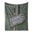 thumbnail image 1 of Hunting Soft Flannel Fleece Blanket, Gone Hunting Written on Wooden Board Old Worn out Cottage Door Seasonal Hobby Fun, Cozy Plush for Indoor and Outdoor Use, 60" x 80", Multicolor, by Ambesonne, 1 of 5