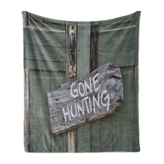Hunting Soft Flannel Fleece Blanket, Gone Hunting Written on Wooden Board Old Worn out Cottage Door Seasonal Hobby Fun, Cozy Plush for Indoor and Outdoor Use, 70" x 90", Multicolor, by Ambesonne