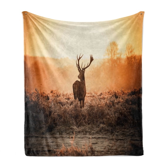 Hunting Soft Flannel Fleece Blanket, Red Deer in the Morning Sun Wilderness Nature Scenery Countryside Rural Heathers, Cozy Plush for Indoor and Outdoor Use, 70" x 90", Brown Orange, by Ambesonne