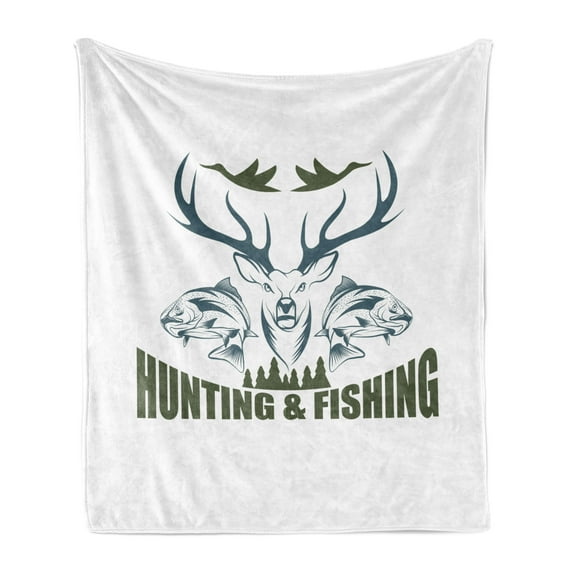 Hunting Soft Flannel Fleece Throw Blanket, Animals Emblem Moose Head Horns Trout Salmon Sea Fishes, Cozy Plush for Indoor and Outdoor Use, 50" x 60", Olive Green Slate Blue, by Ambesonne