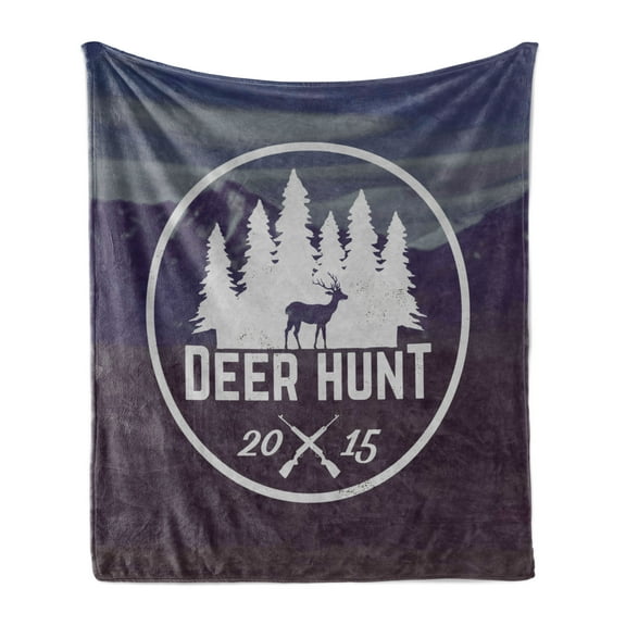 Hunting Soft Flannel Fleece Throw Blanket, Deer Hunt Emblem Design Pines with Antler Silhouette Snowy Mountains, Cozy Plush for Indoor and Outdoor Use, 50" x 60", Brown Blue and White, by Ambesonne